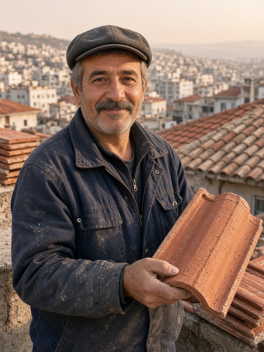 Mertek Çatı çatı ustası elinde kiremitle